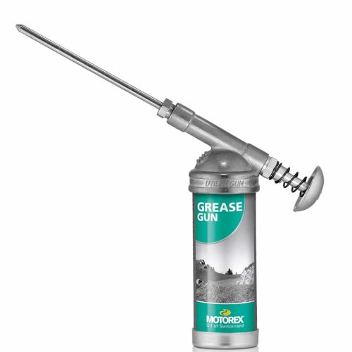 En fettspruta av metall med ett långt, smalt munstycke och ett draghandtag, med en Motorex-märkt etikett på den cylindriska kroppen.