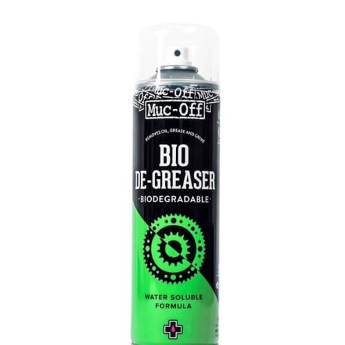 En burk Muc-Off Bio De-Greaser med svart och grön etikett med text som anger att den är biologiskt nedbrytbar och vattenlöslig. Burken har ett genomskinligt plastlock.