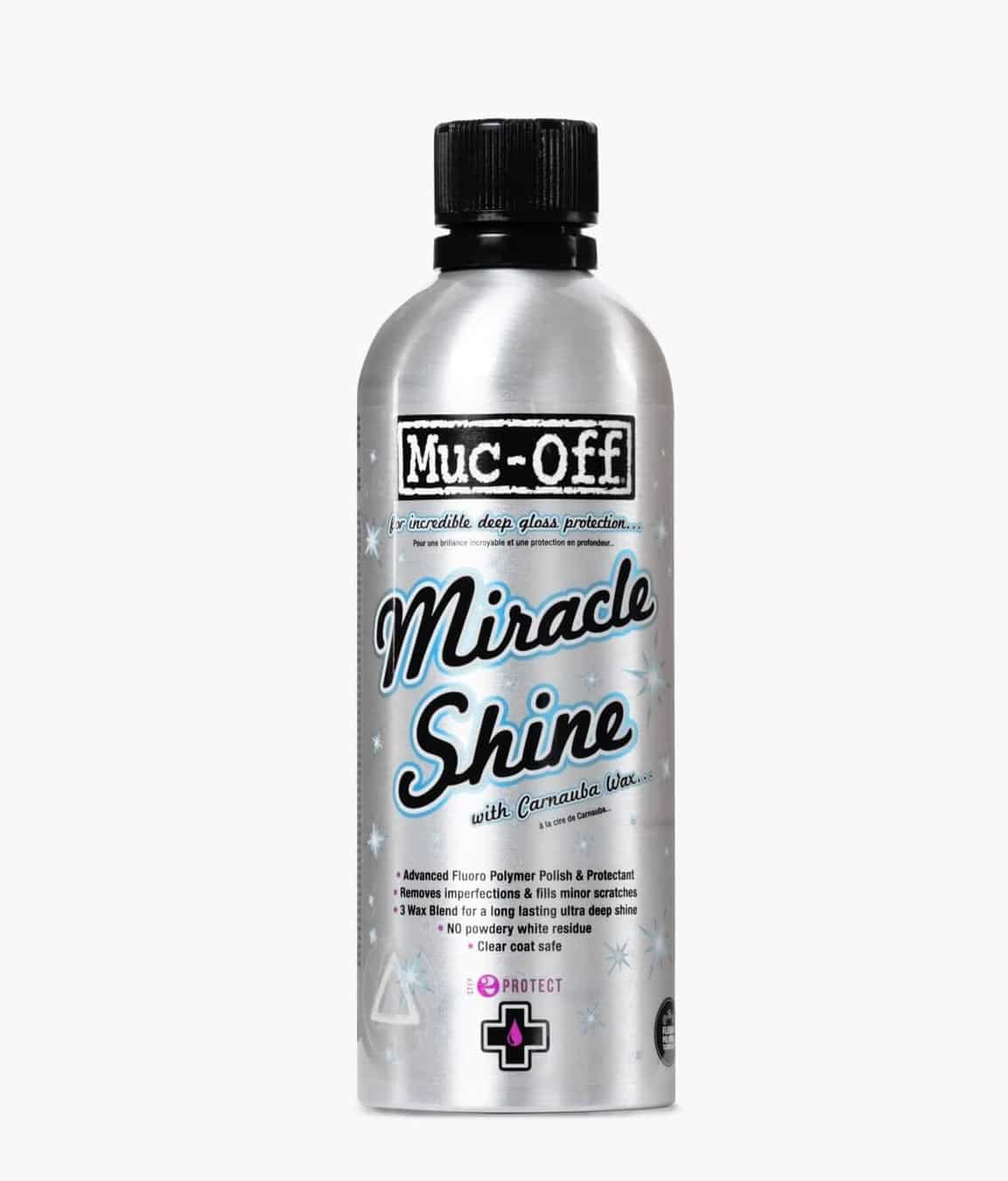 Muc-Off-Miracle-Shine-500.jpg En silverfärgad flaska med Muc-Off Miracle Shine polish med svart skruvkork