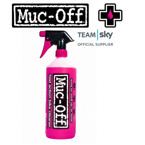 En rosa sprayflaska med Muc-Off fast action cykelrengöring visas med Muc-Off-logotypen ovanför, tillsammans med Team Sky Official Supplier-logotypen i det övre högra hörnet.
