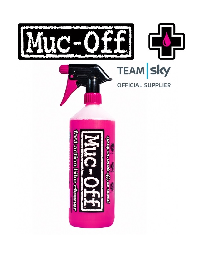 Muc-Off-allengoring-rosa.png En rosa sprayflaska med Muc-Off fast action cykelrengöring visas med Muc-Off-logotypen ovanför, tillsammans med Team Sky Official Supplier-logotypen i det övre högra hörnet.