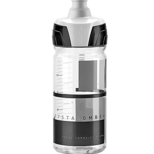 Sportvattenflaska i genomskinlig plast med svartvit design, måttangivelser på sidan, skruvlock och upprullningsbart munstycke. På etiketten står det "Crystal Ombra" med en total kapacitet på 550 ml.