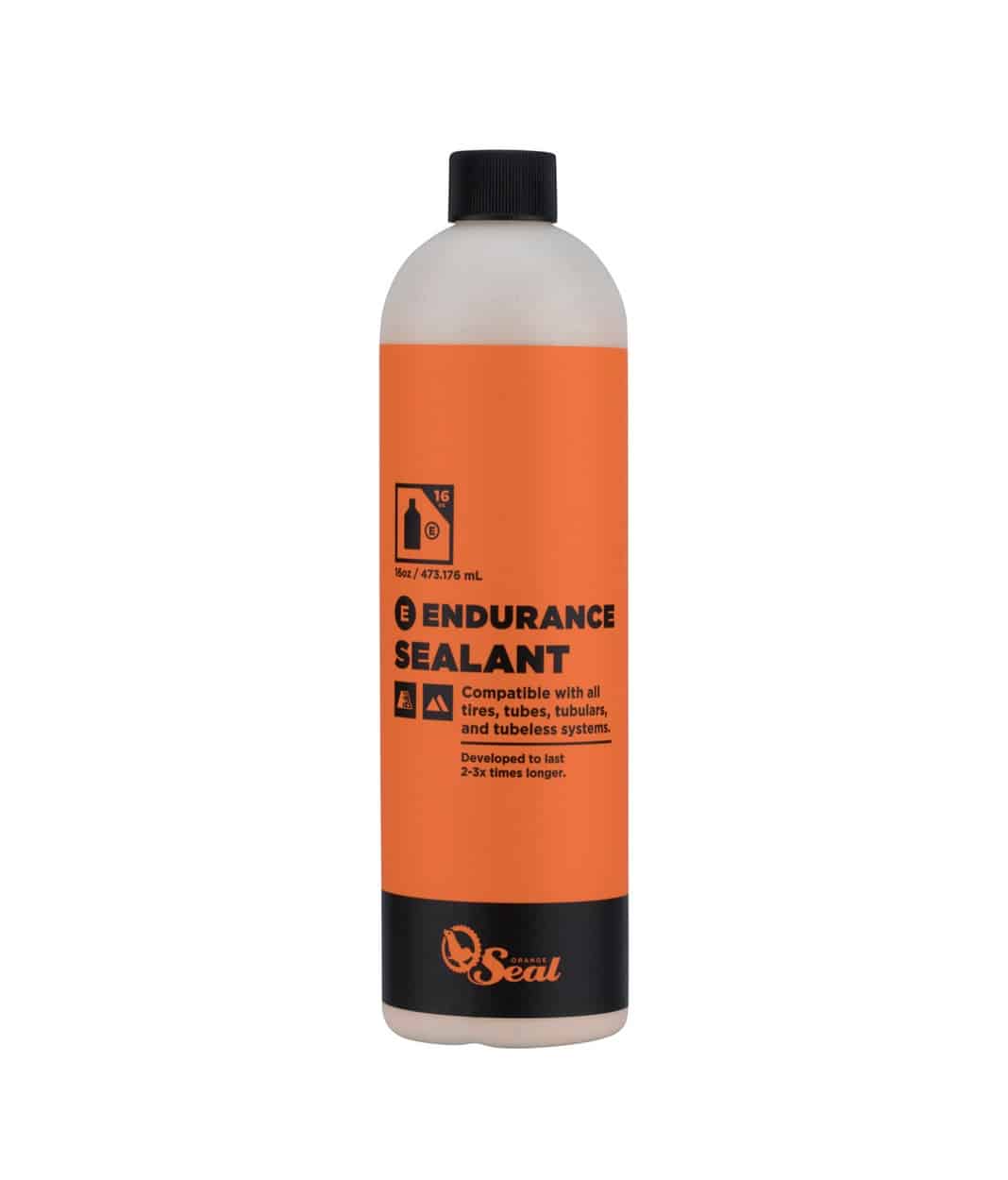 Orangeseal-473ml.jpg En flaska Orange Seal Endurance Sealant med en orange etikett. Texten anger att den är kompatibel med alla däck, slangar, tubeless och tubeless-system och är utvecklad för att hålla 2-3 gånger längre.