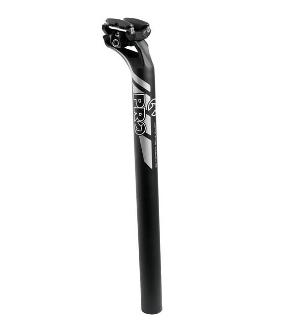 PRO-PLT-Svart-DI2-sadelstolpe.jpg En svart cykelsadelstolpe med "PRO"-märke och en justerbar klämma upptill för att fästa en sadel. Sadelstolpen har en matt finish med vita och grå grafiska accenter.