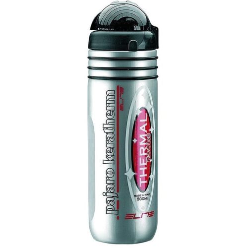 En isolerad vattenflaska i silver med svart lock och texten "pajara keratherm elite" och "THERMAL BOTTLE" i rött och vitt på sidan. Kapaciteten är angiven till 500 ml.