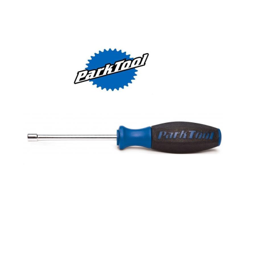 En skruvmejsel från Park Tool med blått och svart handtag och metallskaft. Park Tool-logotypen visas ovanför verktyget på en vit bakgrund.