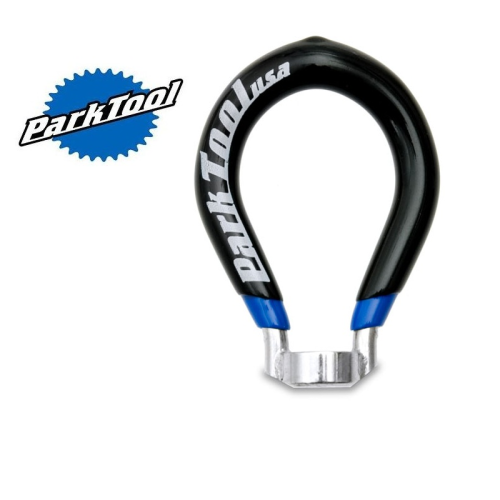 En Park Tool ekernyckel med svart handtag, blå spetsar och varumärket "Park Tool USA", placerad bredvid Park Tool-logotypen på en vit bakgrund.
