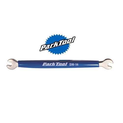 En Park Tool SW-14 ekernyckel med två öppna ändar och ett blått handtag, visas horisontellt mot en vit bakgrund. Park Tool-logotypen visas ovanför skiftnyckeln.