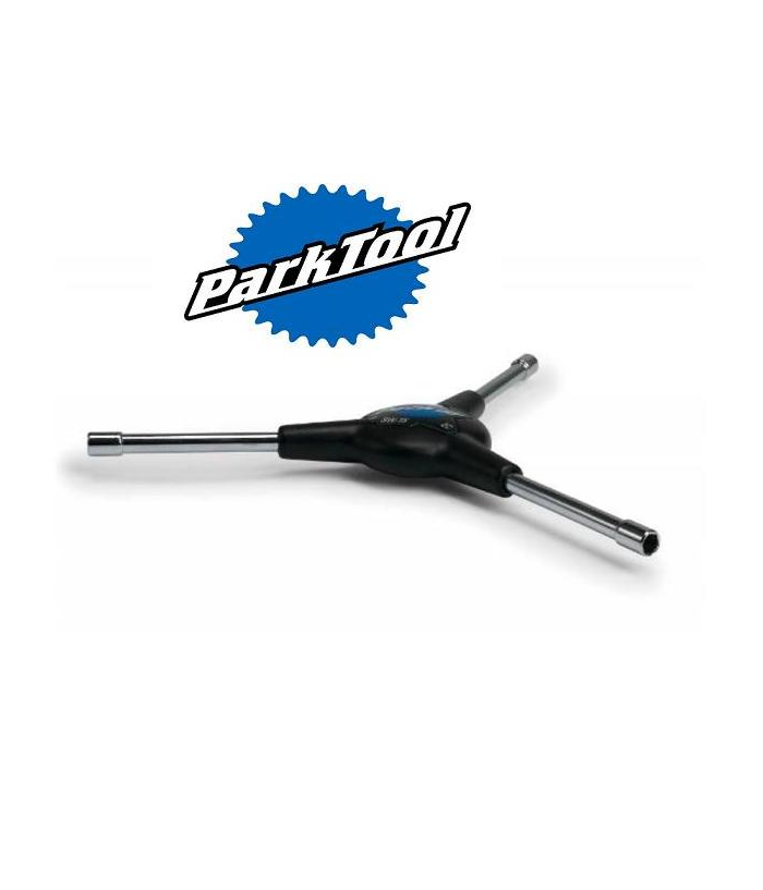 Park-tool-ekernyckel-SW-15-y.png En Y-formad Park Tool hylsnyckel med tre handtag, som var och en slutar i en annan hylsstorlek, visas under den blåvita Park Tool-logotypen på en vit bakgrund.