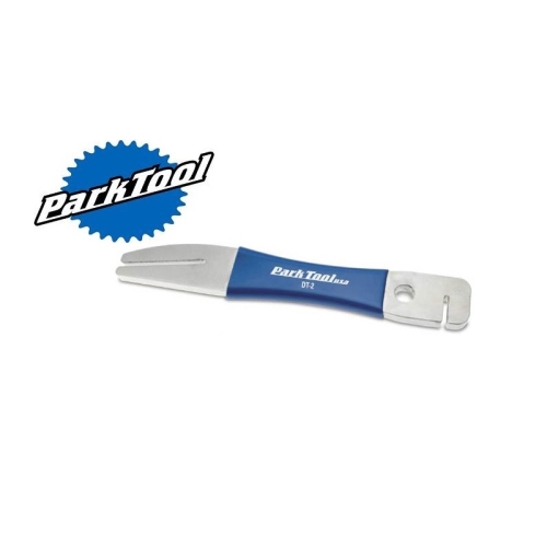 Ett Park Tool DT-3-verktyg med blått handtag och silverfärgade metalländar visas mot en vit bakgrund. Park Tool-logotypen visas i blått och vitt i det övre vänstra hörnet.