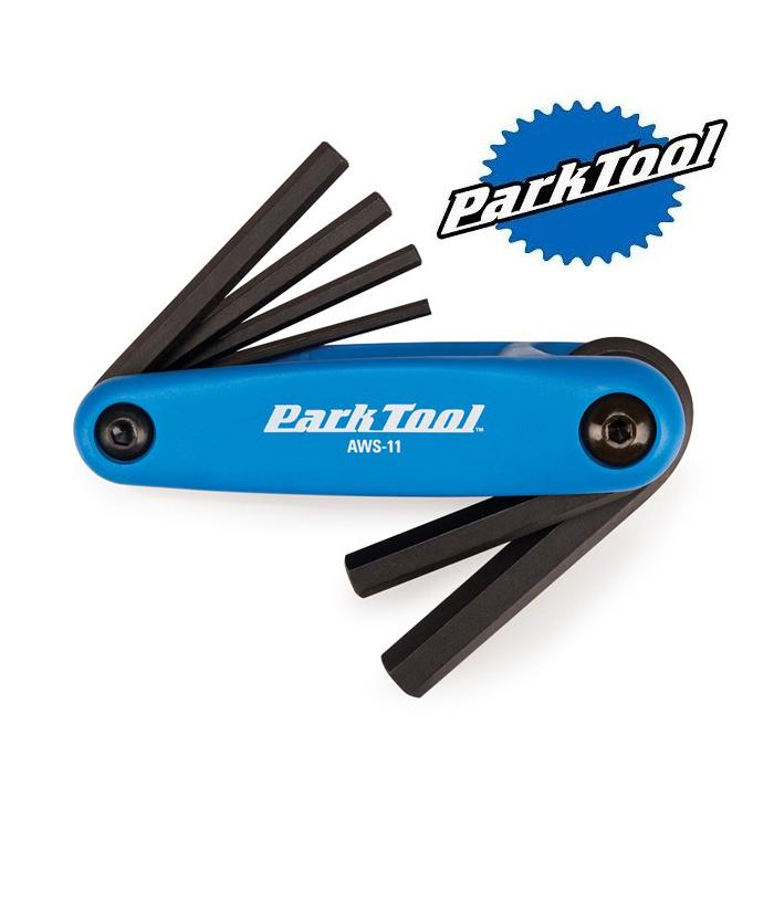 Park-tool-verktyg.png En blå Park Tool AWS-11 hopfällbar sexkantsnyckelsats visas öppen med flera svarta sexkantsnycklar utspridda. Park Tool-logotypen visas två gånger: på verktyget och i en blå kugghjulsgrafik i det övre högra hörnet.