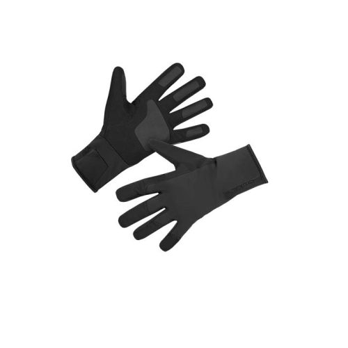 Ett par svarta handskar med långa manschetter och förstärkta handflator, mot en vit bakgrund, med den ena handsken vänd med handflatan uppåt och den andra med handflatan nedåt.