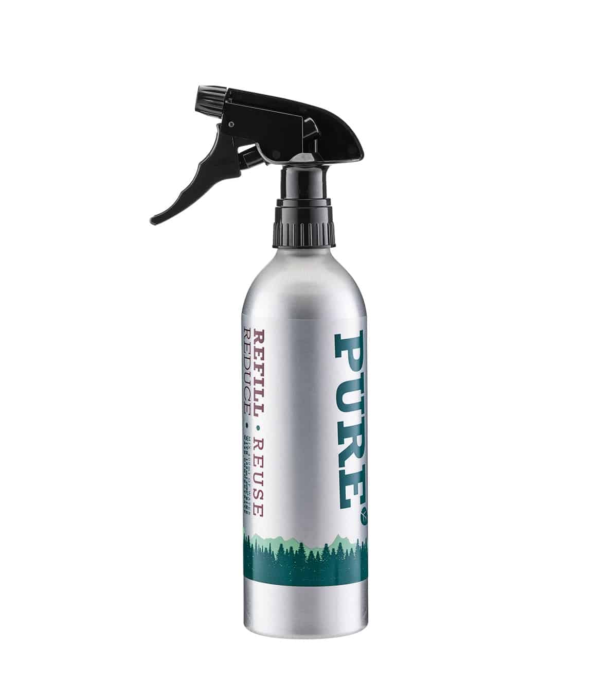 Pure-Aluminium-Refill-Bottle-500ml.jpg En sprayflaska i metall med svart munstycke och texten "PURE" vertikalt i blå bokstäver. På flaskan finns också orden "Refill - Reuse - Reduce" och en grön trädsilhuett längst ned.