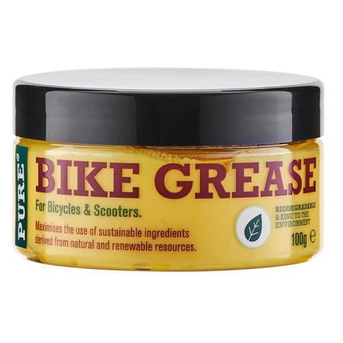 En rund behållare med cykelfett av märket Pure för cyklar och skotrar, med svart lock och gul etikett som framhäver dess biologiskt nedbrytbara och hållbara ingredienser. Nettovikten är 100 gram.