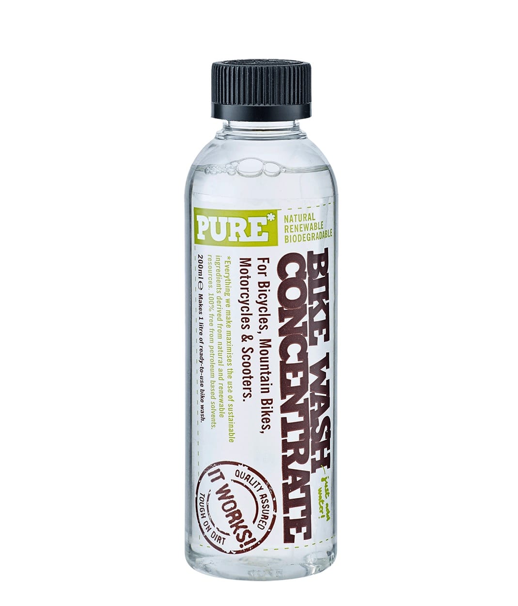 Pure-Bike-Wash-Concentrate.jpg En genomskinlig plastflaska märkt "Pure Bike Wash Concentrate" med svart lock; texten säger att den är avsedd för cyklar, mountainbikes, motorcyklar och skotrar. Andra etiketter nämner "naturlig", "biologiskt nedbrytbar" och "det fungerar!".