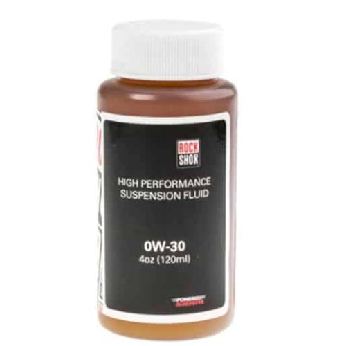 En plastflaska märkt "RockShox High Performance Suspension Fluid 0W-30, 4oz (120ml)" med vitt lock, som används för underhåll av cykelns fjädring.