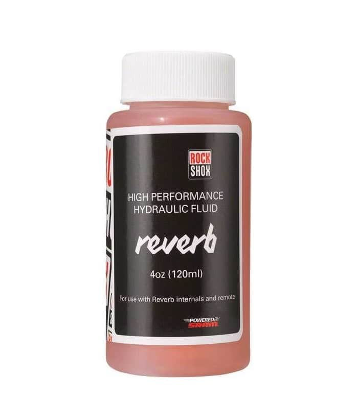 RS-Reverb-120.jpg En 120 ml (4 ounce) flaska RockShox Reverb högpresterande hydraulvätska med vitt lock och svart etikett, avsedd för användning med Reverb interndelar och remote.