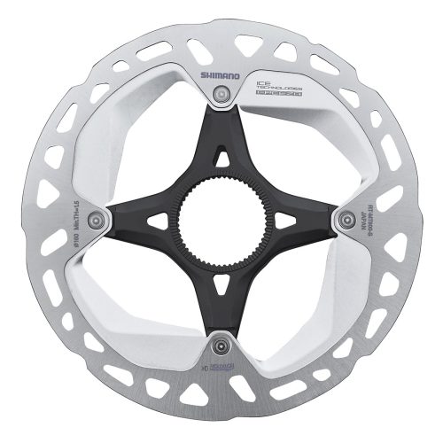 Shimano skivbromsrotor för cykel med silverfärgad och svart design, med en ventilerad yttre ring och en stjärnformad inre stödstruktur. I mitten finns ett splines-hål för montering.