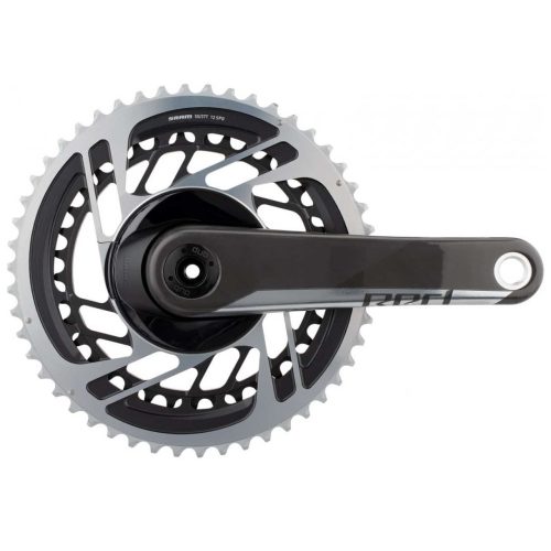 Närbild av ett SRAM cykelvevställ och en kedjekrans med svart vevarm och silverfärgade kugghjul, mot en vit bakgrund.