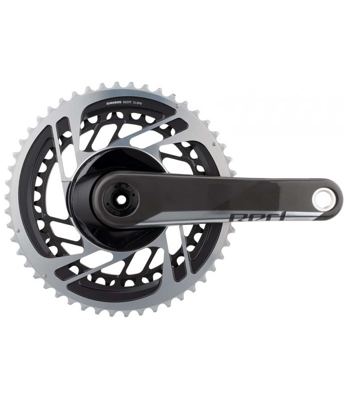 Red-5037T-vev.jpg Närbild av ett SRAM cykelvevställ och en kedjekrans med svart vevarm och silverfärgade kugghjul, mot en vit bakgrund.