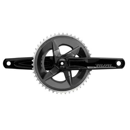 Ett svart och silverfärgat SRAM Rival cykelvevställ med två vevstakar och en stor kedjering