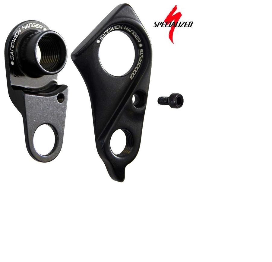 S172600001_25625.jpg Två svarta cykelväxelhängare i metall och en liten skruv visas mot en vit bakgrund. Specialized-logotypen syns i det övre högra hörnet.