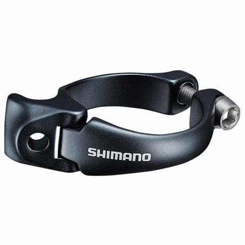 En svart Shimano-klämma för cykelsadelstolpe med en bult för åtdragning, mot en vit bakgrund.