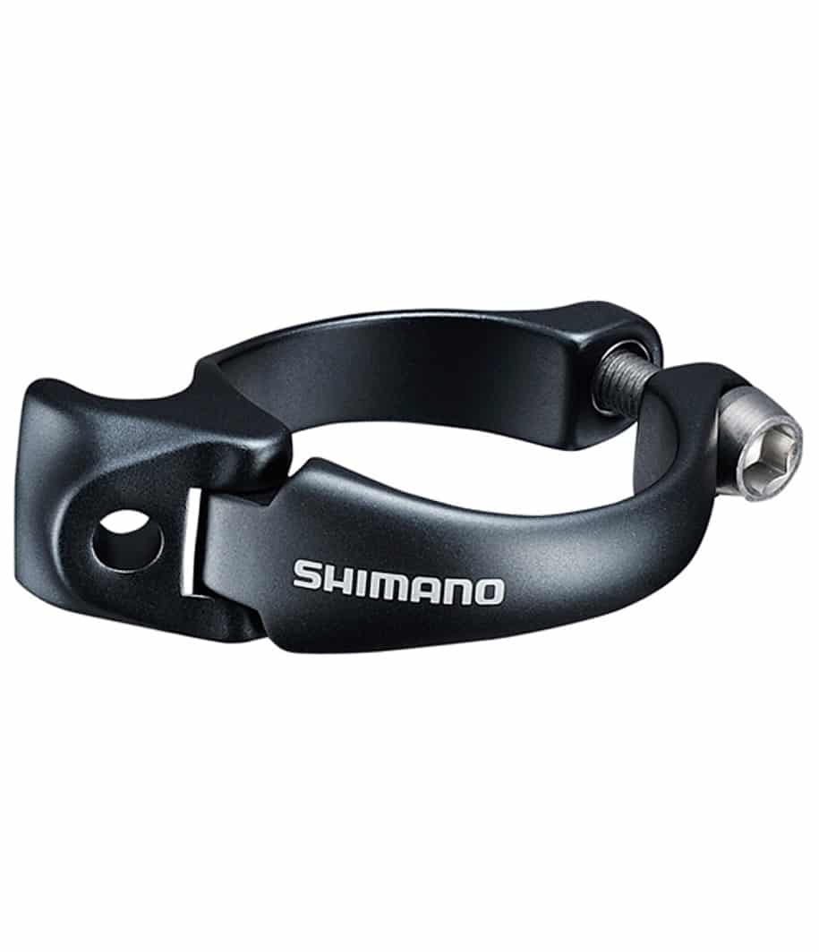 SM-AD-91L.jpg En svart Shimano-klämma för cykelsadelstolpe med en bult för åtdragning, mot en vit bakgrund.