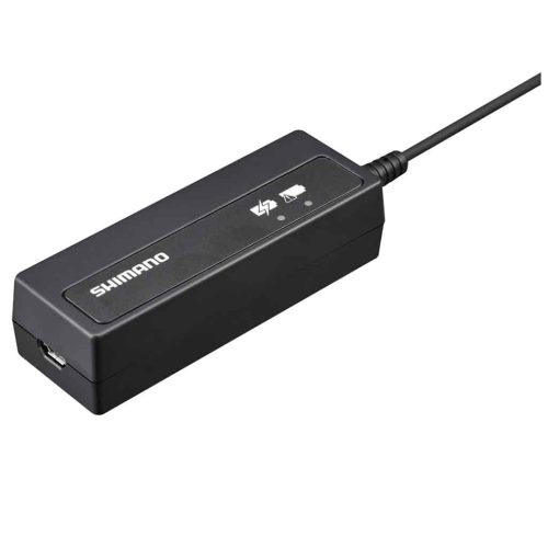 En svart Shimano batteriladdare med rektangulär form