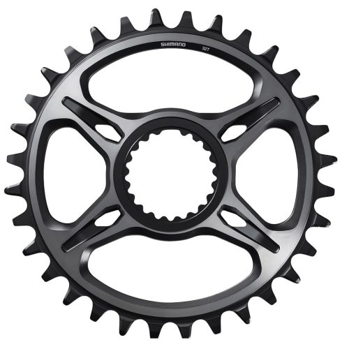 En svart Shimano-kedjekrans för cykel med en 34-tandad smalbred design och ett centralt monteringshål, mot en vit bakgrund.