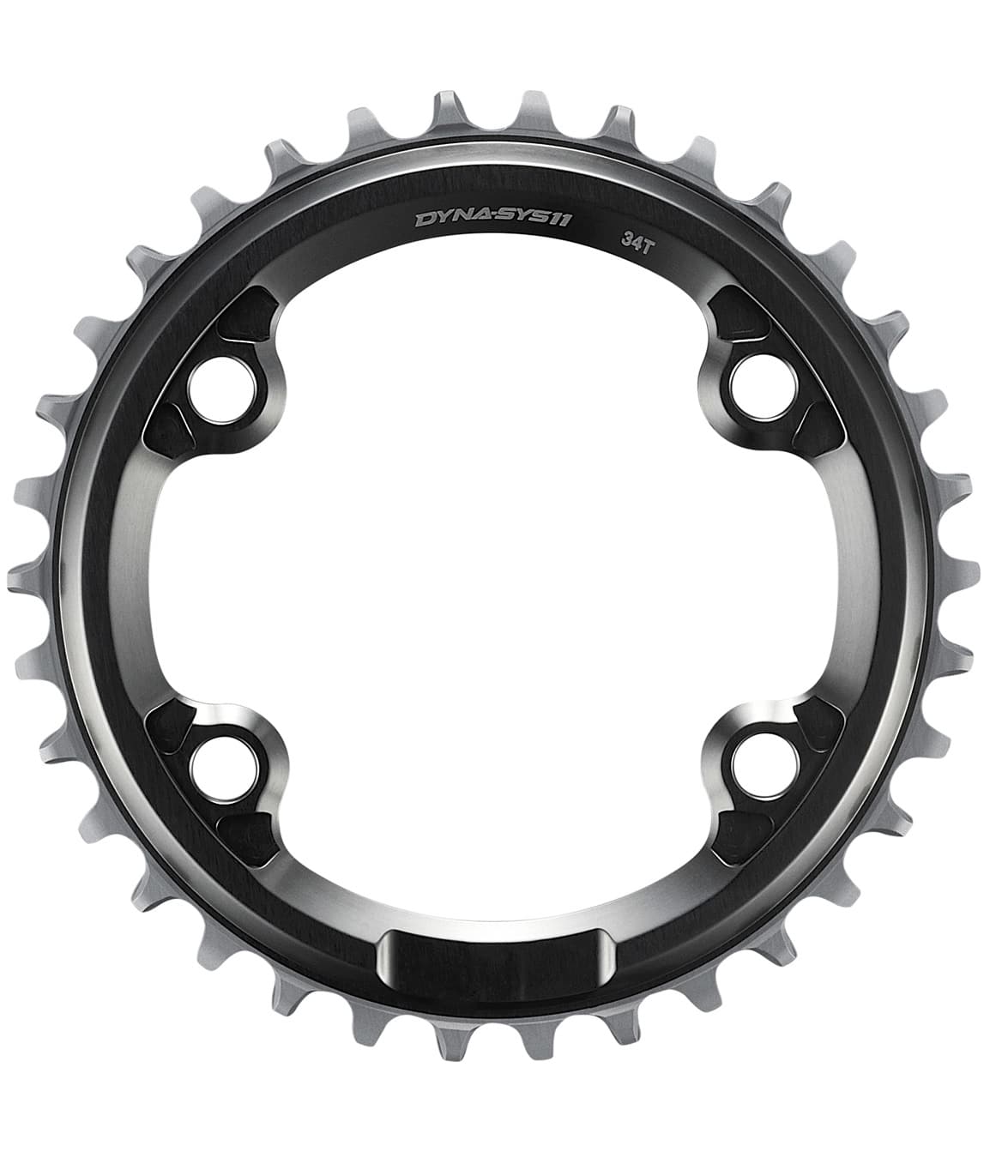 SM-CRM91.jpg Närbild av en svart och silverfärgad cykelkedja med 34 tänder och fyra monteringshål, sedd uppifrån mot en vit bakgrund.