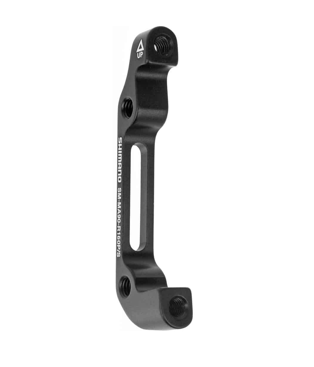 SM-MA90R-160-PS.jpg En svart Shimano SM-MA70 bromsadapter med fyra monteringshål, "UP" och produktmodellinformation i vita bokstäver på sidan, mot en vit bakgrund.