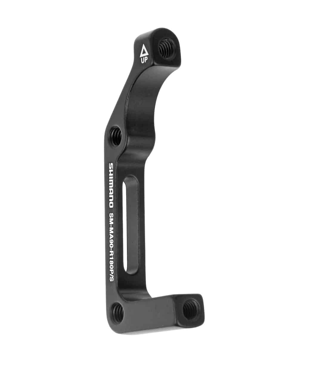 SM-MA90R-180-PS.jpg En svart Shimano SM-MA-R adapter för skivbromsar, märkt "UP" med vit text, med fyra bulthål och en slitsad sektion i mitten, visas mot en vit bakgrund.