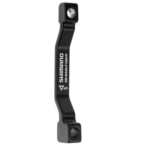 En svart Shimano SM-MA90-F160P/P skivbromsadapter med vit tryckt märkning och två bulthål i vardera änden