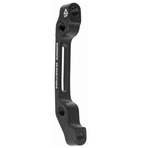 En svart Shimano-skivbromsadapter för cyklar med fyra gängade hål, märkt med "UP" och produktinformation i vit text längs sidan, mot en vit bakgrund.