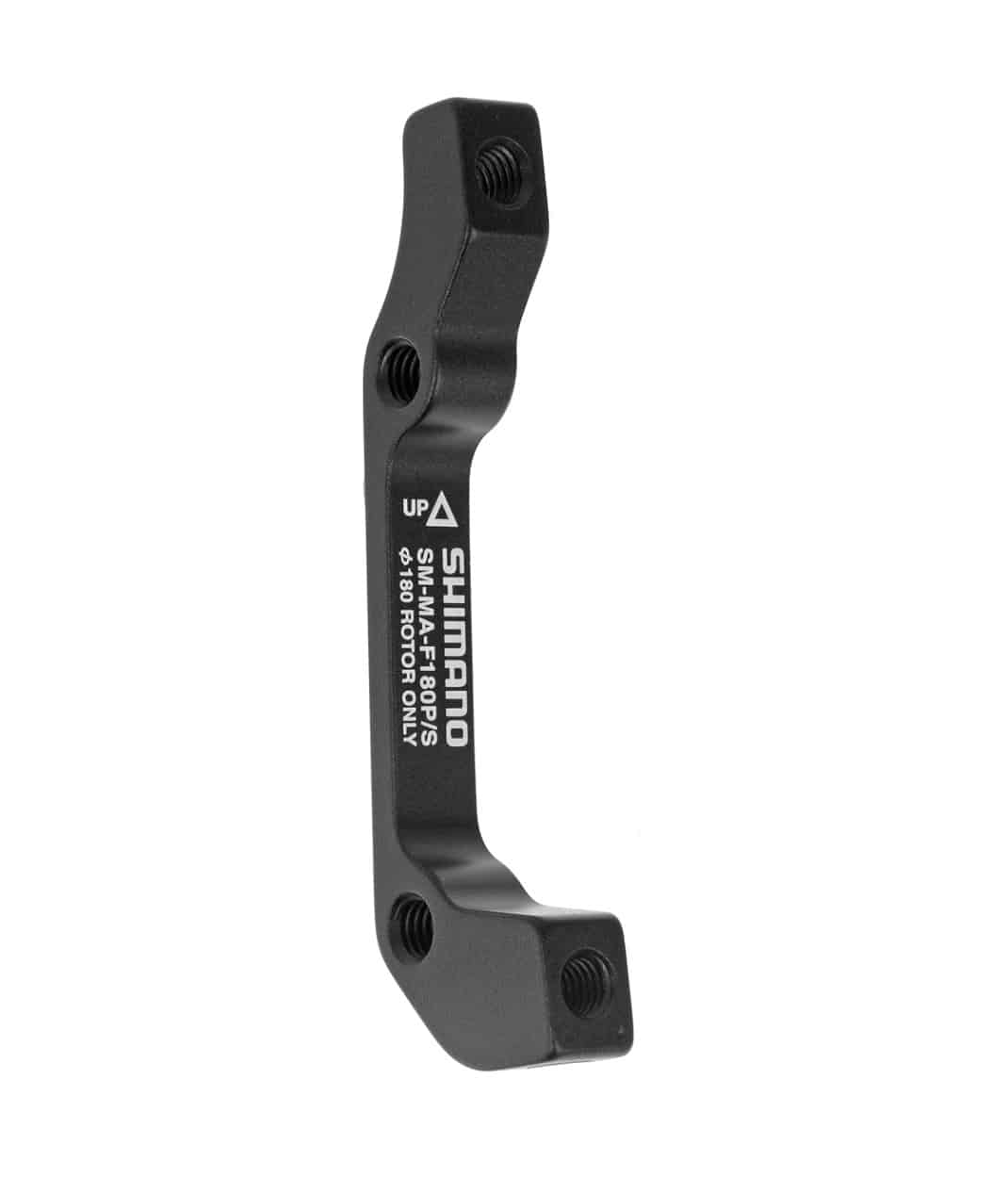 SM-MAF-180-PSA.jpg En svart Shimano SM-MA-F180P/S skivbromsadapter med vit märkning, som visar gängade hål för montering och en pil som anger riktningen "UP" för endast en 180 mm rotor.