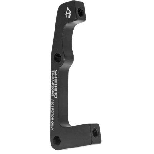 En svart Shimano cykelbromsadapter märkt "SM-MA-F203P/S 203 ROTOR ONLY" med tre gängade monteringshål och en pil som anger rätt riktning.