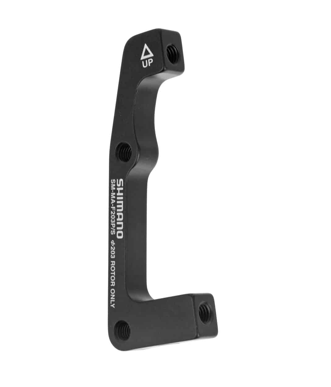 SM-MAF-203-PSA.jpg En svart Shimano cykelbromsadapter märkt "SM-MA-F203P/S 203 ROTOR ONLY" med tre gängade monteringshål och en pil som anger rätt riktning.