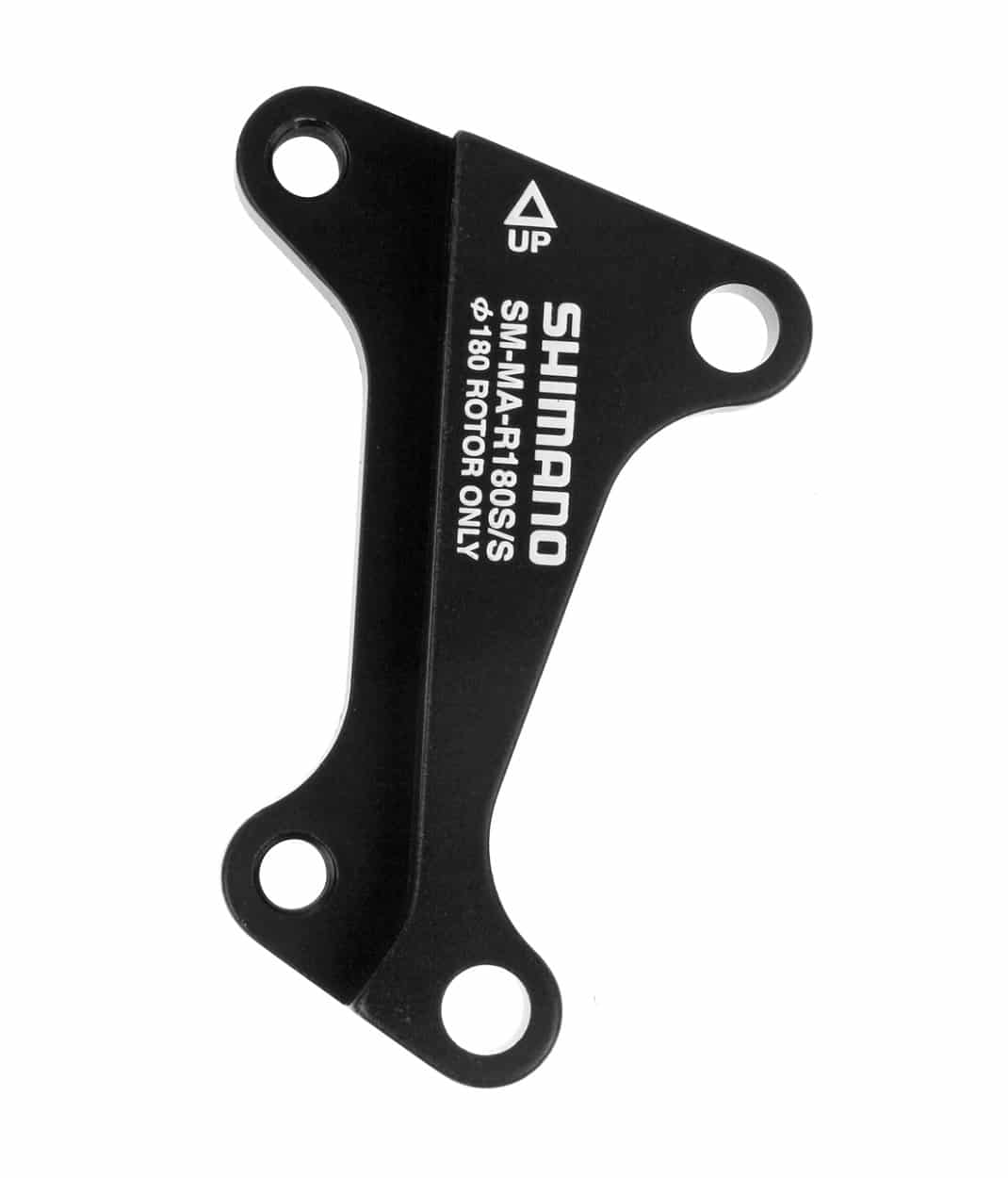 SM-MAR-180-SSA.jpg En svart Shimano SM-MA-R180S/S skivbromsadapter med fyra hål och vit text som anger "180 ROTOR ONLY" och orienteringsanvisningar, mot en vit bakgrund.