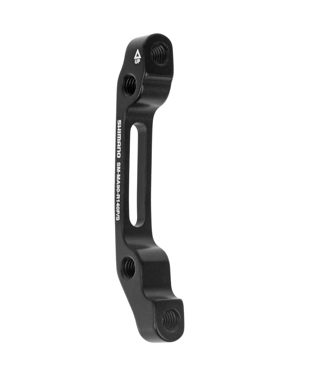 SM-MAR90R-140-PS.jpg En svart Shimano SM-MA-R skivbromsadapter med fyra gängade hål och vit produktmärkning, fotograferad mot en vit bakgrund.