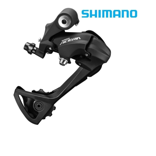 En Shimano Acera bakväxel för cykel i svart visas mot en vit bakgrund, med den blå Shimano-logotypen i det övre högra hörnet.