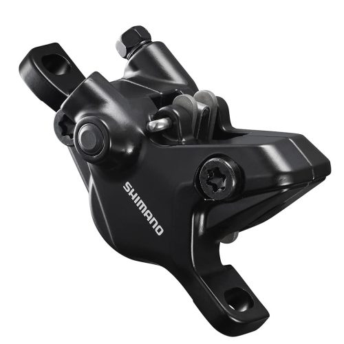 Ett svart Shimano hydrauliskt skivbromsok för cyklar, visat i vinkel mot en vit bakgrund. Shimanos logotyp syns på sidan av bromsoket.