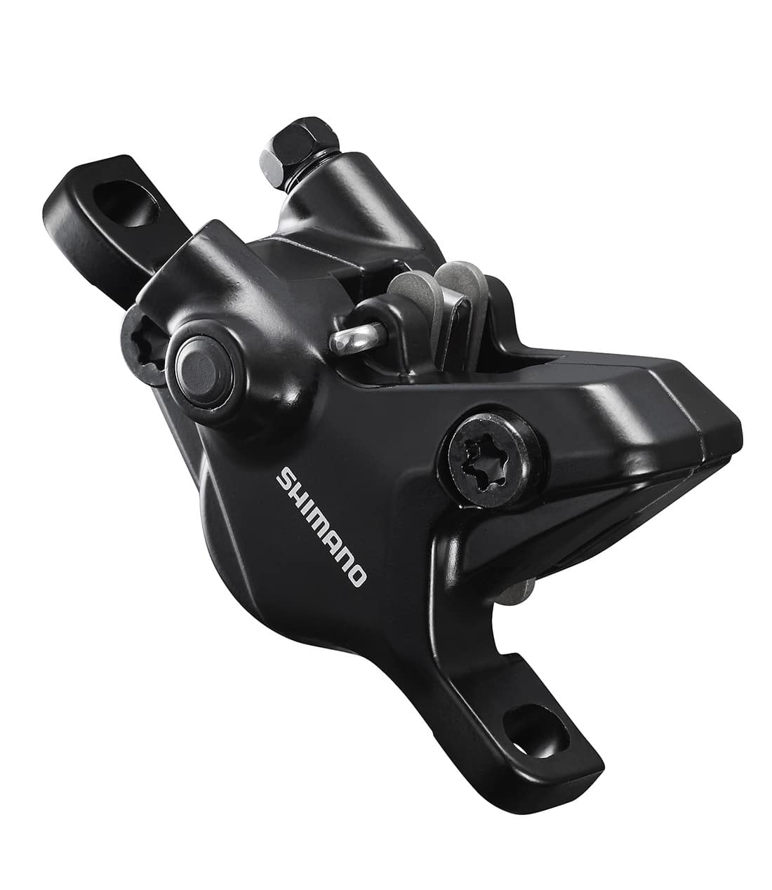 Shimano-BRMT410-bromsok.jpg Ett svart Shimano hydrauliskt skivbromsok för cyklar, visat i vinkel mot en vit bakgrund. Shimanos logotyp syns på sidan av bromsoket.