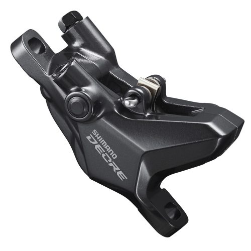 Ett svart Shimano Deore XT hydrauliskt skivbromsok för cykel visas mot en vit bakgrund. Bromsoket har monteringshål och varumärkesmärkning på sidan.
