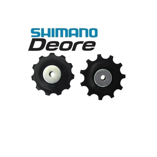 Två svarta kuggremskivor med metallcentrum visas under logotypen "Shimano Deore" på en vit bakgrund.