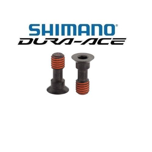 Två svarta bultar med orange gänglås på gängorna visas framför Shimano Dura-Ace-logotypen på en vit bakgrund.
