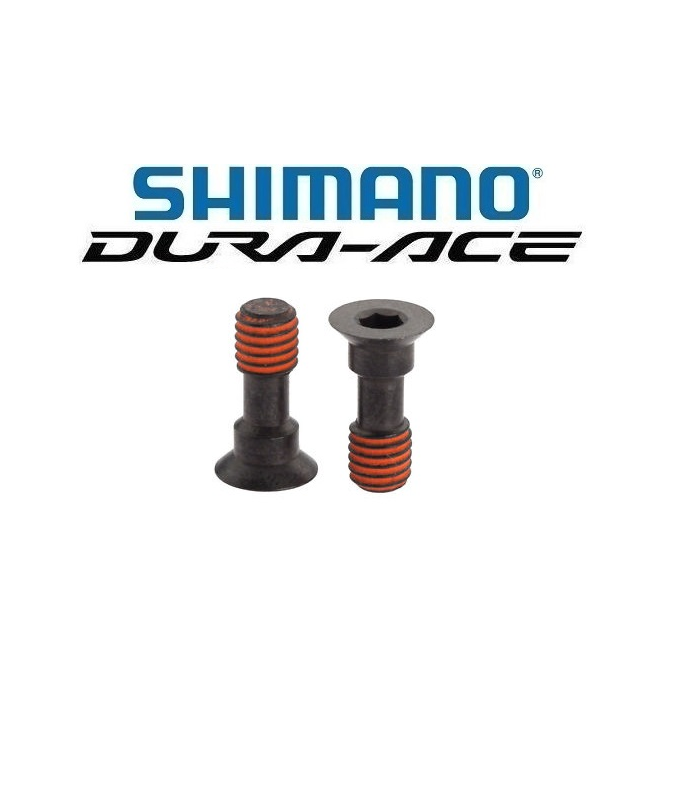 Shimano-Dura-Ace-skruvar.png Två svarta bultar med orange gänglås på gängorna visas framför Shimano Dura-Ace-logotypen på en vit bakgrund.
