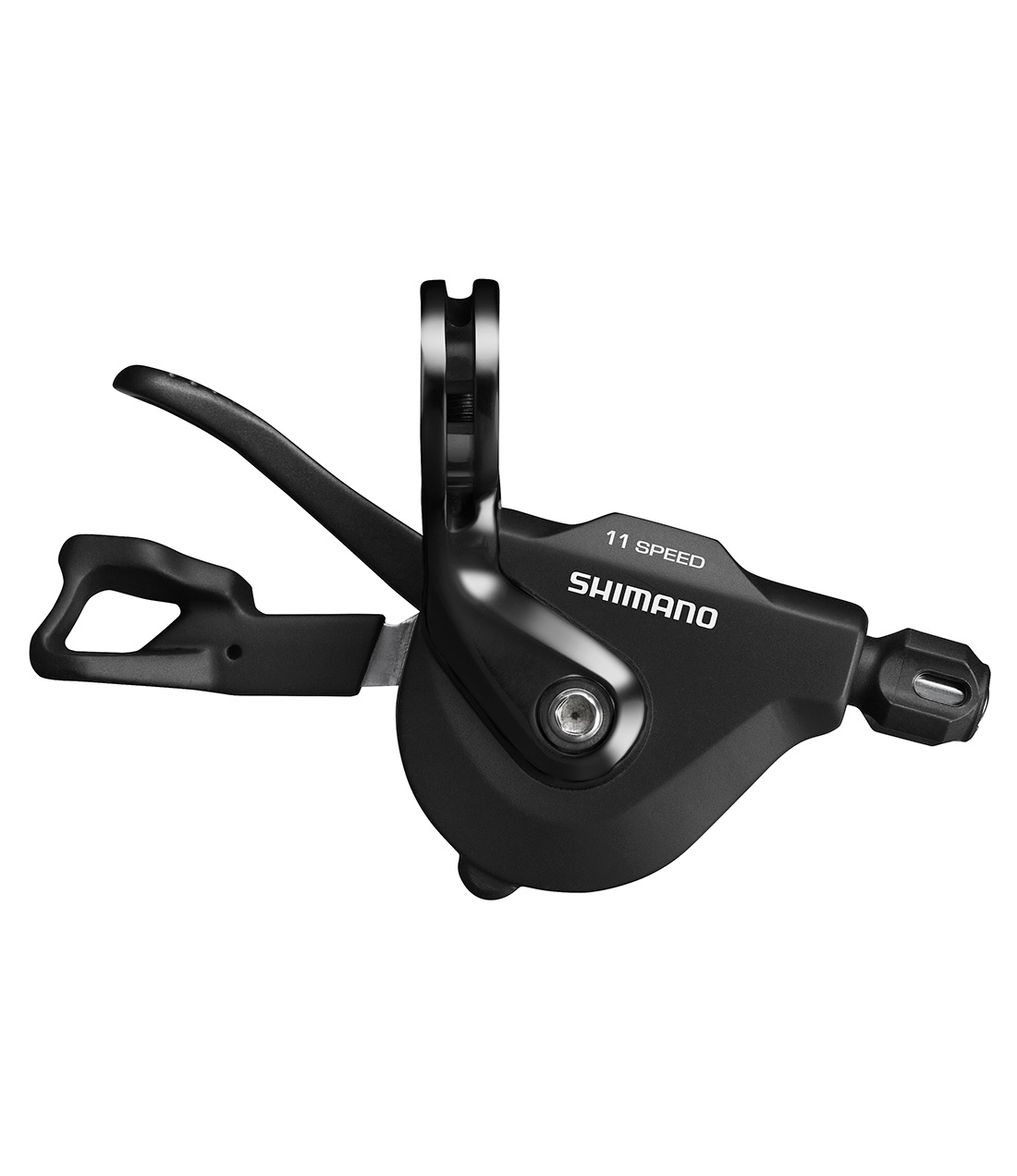 Shimano-SL-RS700-Flat-HB-Road-12.jpg En svart Shimano 11-växlad cykelväxel visas från sidan, med en spak och monteringsfäste, med varumärket och hastigheten tydligt synliga på kroppen.