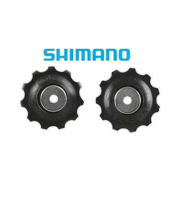 Shimano-SLX-Deore-Rulltrissor-m615.png Två svarta Shimano-cykelväxelhjul med metallcentrum visas sida vid sida mot en vit bakgrund. Den blå Shimano-logotypen visas ovanför hjulen.