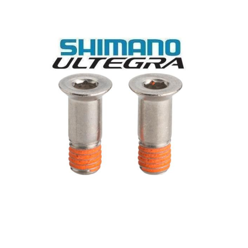 Två silverfärgade bultar med orange gänglåsning på de nedre gängorna visas under Shimano Ultegra-logotypen på en vit bakgrund.